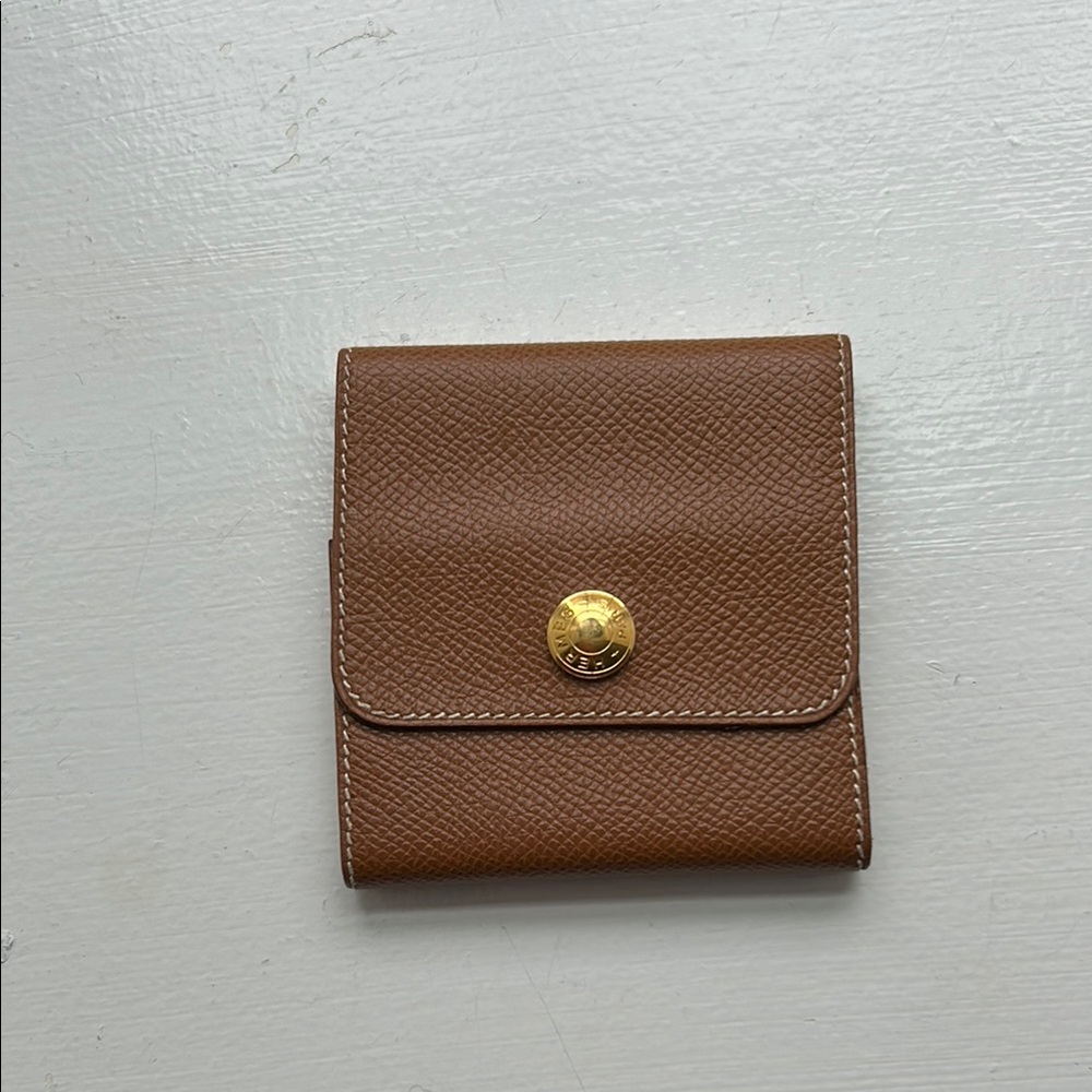 Hermès Light Brown Leather Sticky Notes Holder with Gold Button